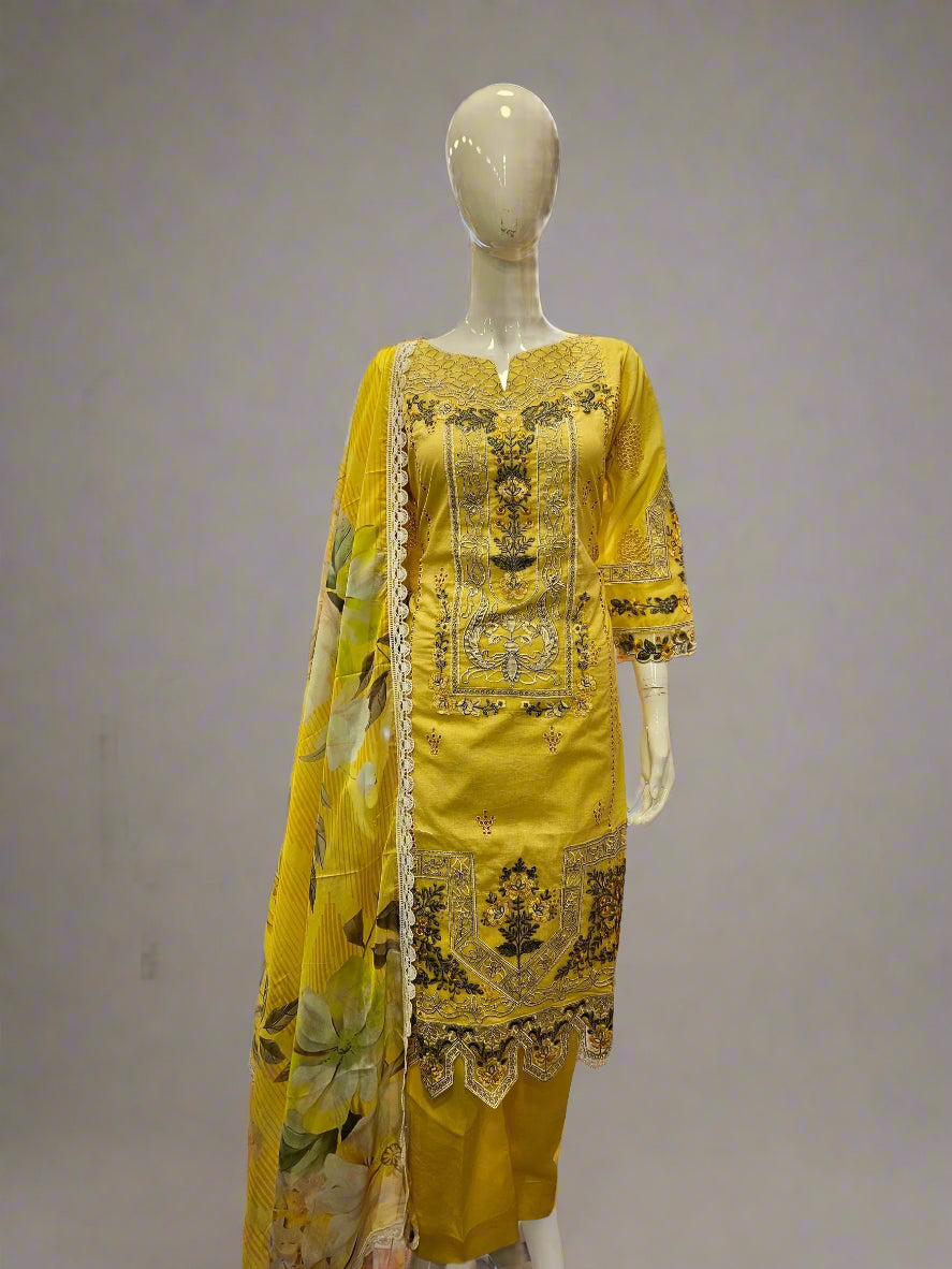 ADN lemon yellow and olive green embroidered cotton shalwar kameez