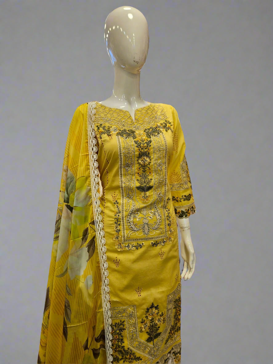 ADN lemon yellow and olive green embroidered cotton shalwar kameez