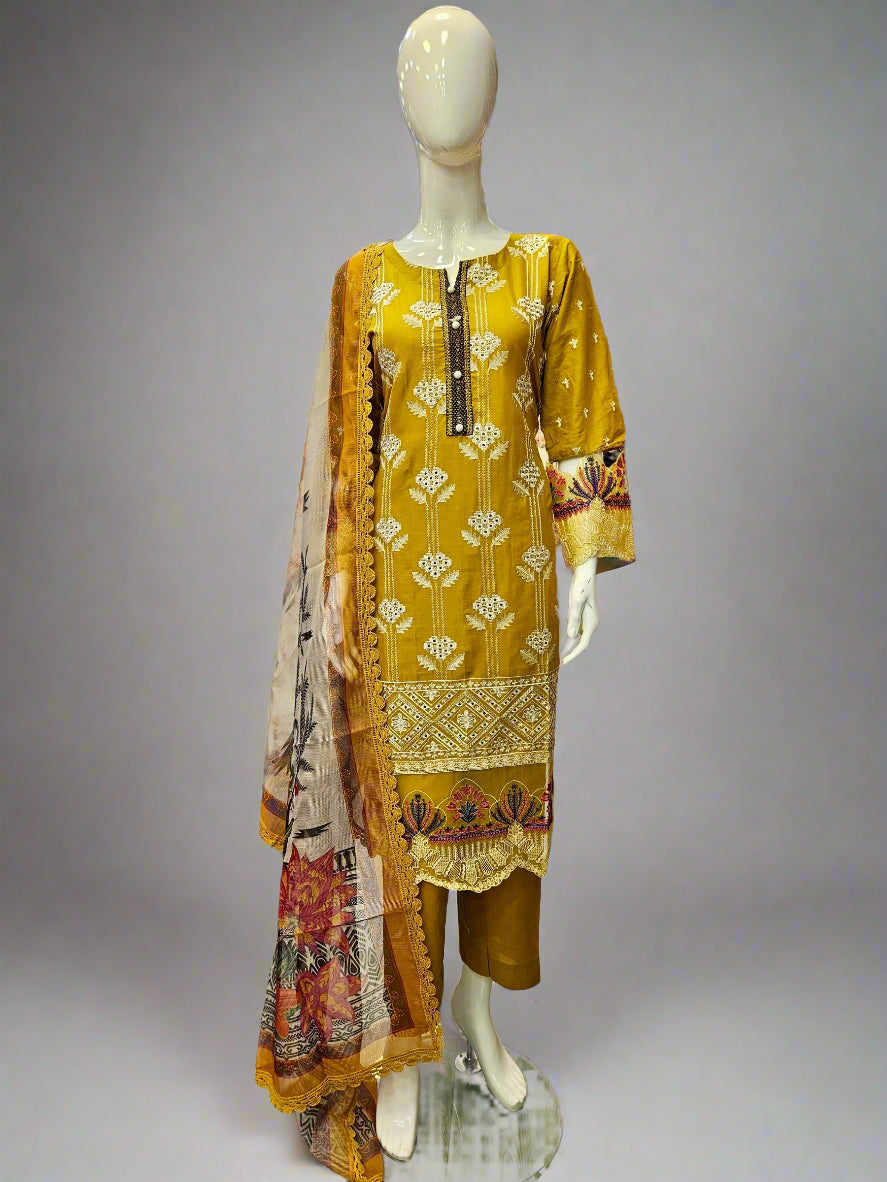 ZACH mustard yellow and silver embroidered cotton shalwar kameez
