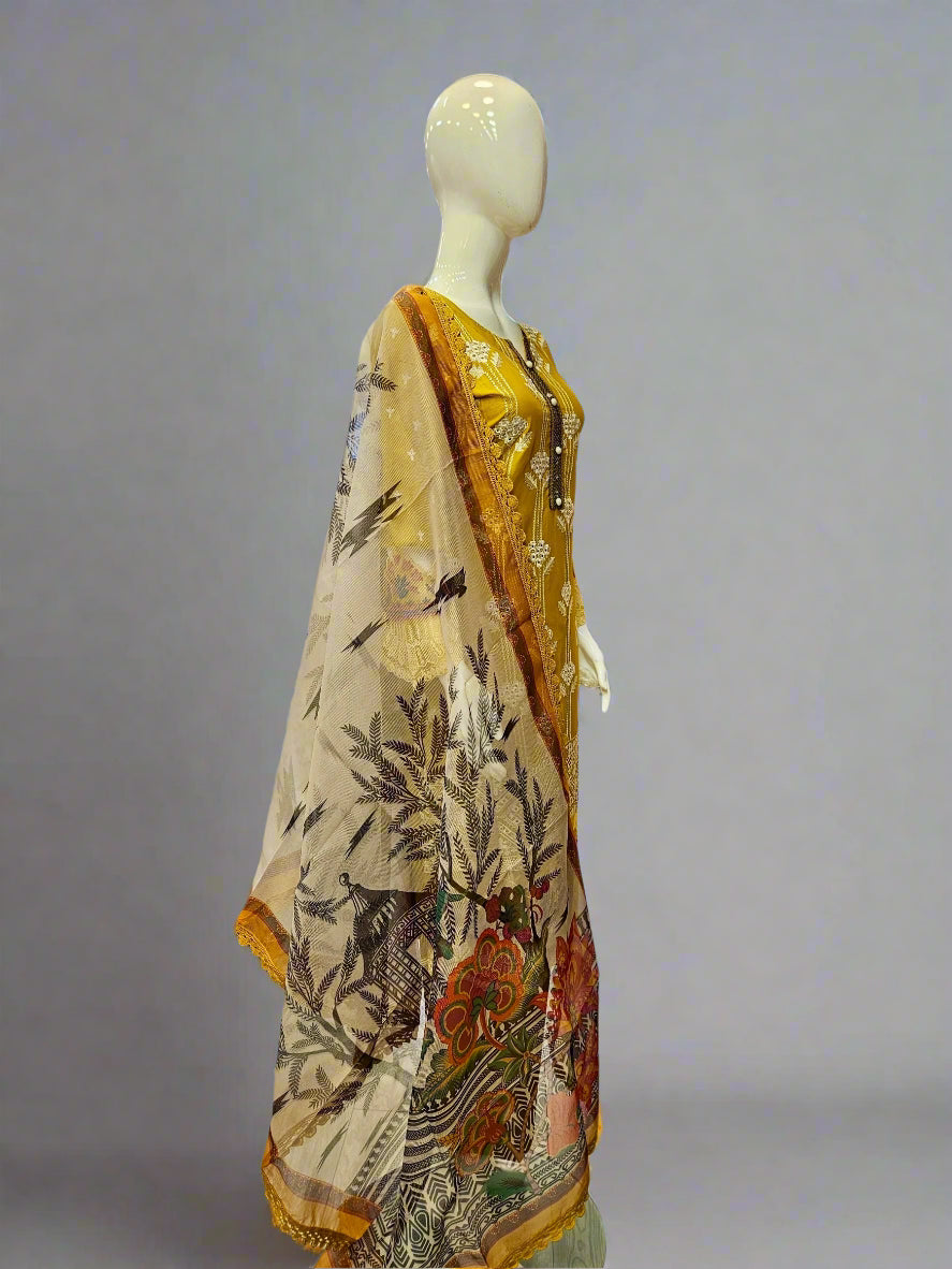 ZACH mustard yellow and silver embroidered cotton shalwar kameez