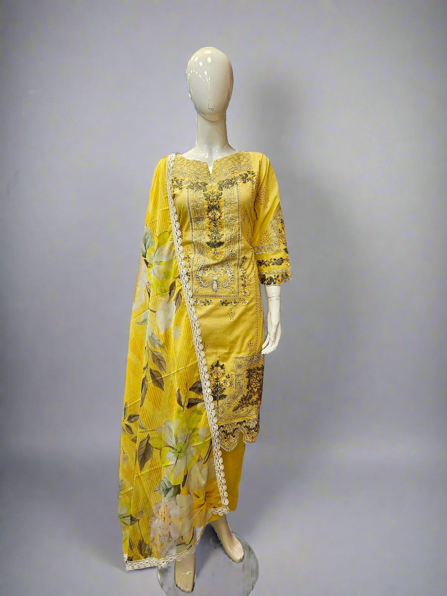 ADN lemon yellow and olive green embroidered cotton shalwar kameez