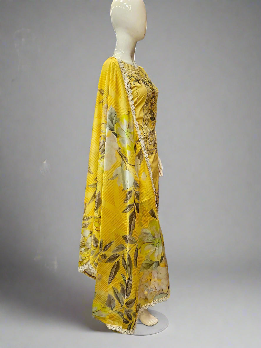 ADN lemon yellow and olive green embroidered cotton shalwar kameez