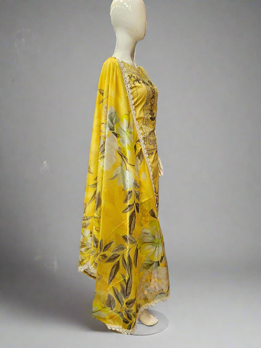 ADN lemon yellow and olive green embroidered cotton shalwar kameez
