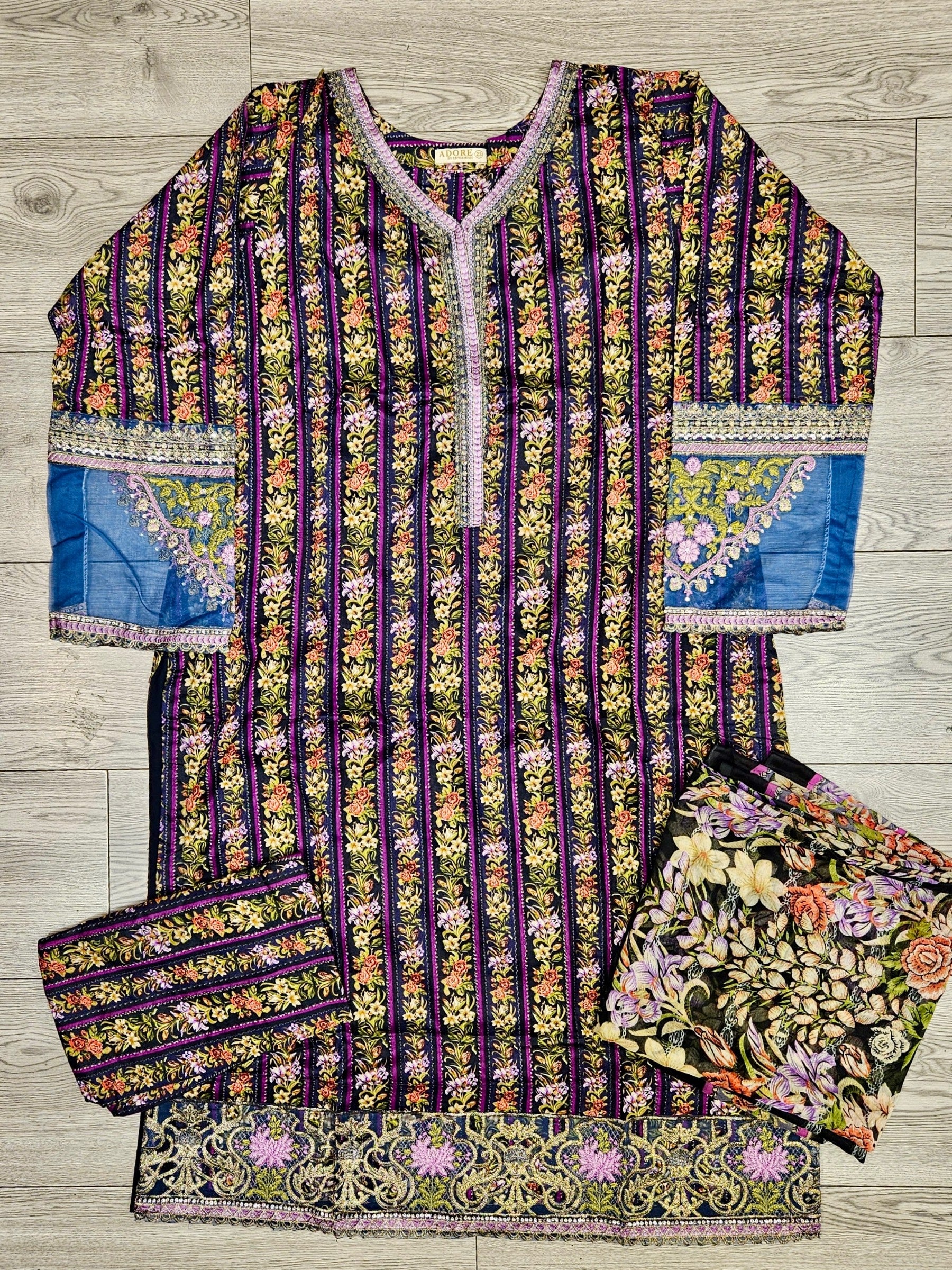 Sangria purple and denim blue floral print linen fabric shalwar kameez