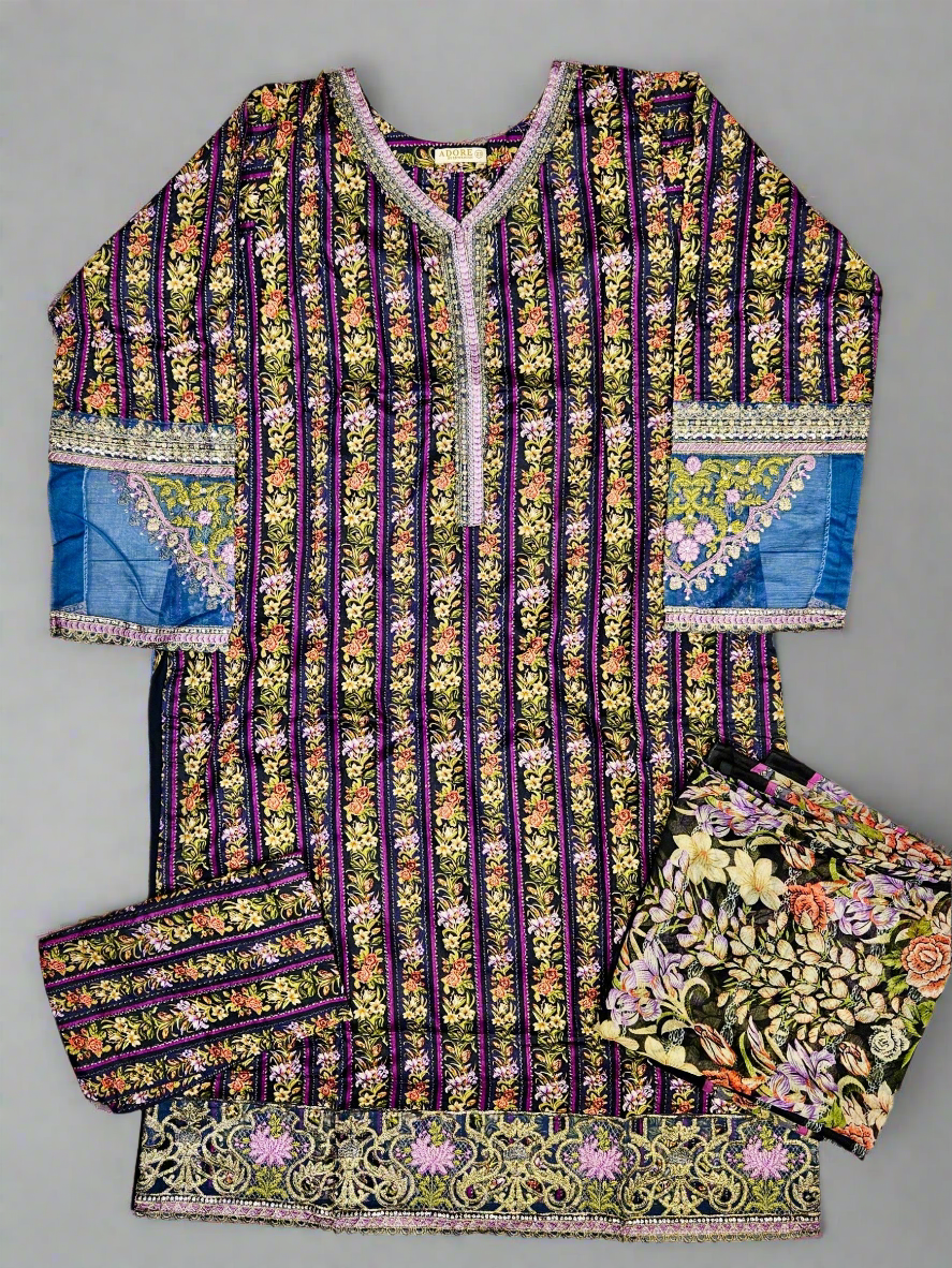 Sangria purple and denim blue floral print linen fabric shalwar kameez