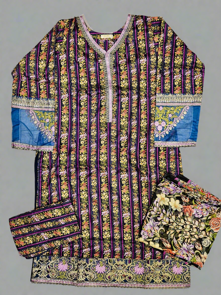 Sangria purple and denim blue floral print linen fabric shalwar kameez