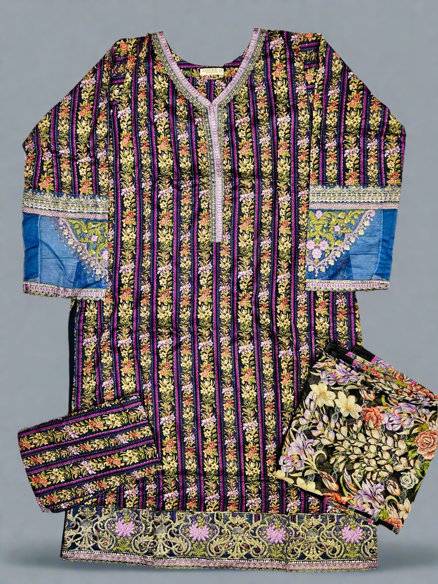 Sangria purple and denim blue floral print linen fabric shalwar kameez