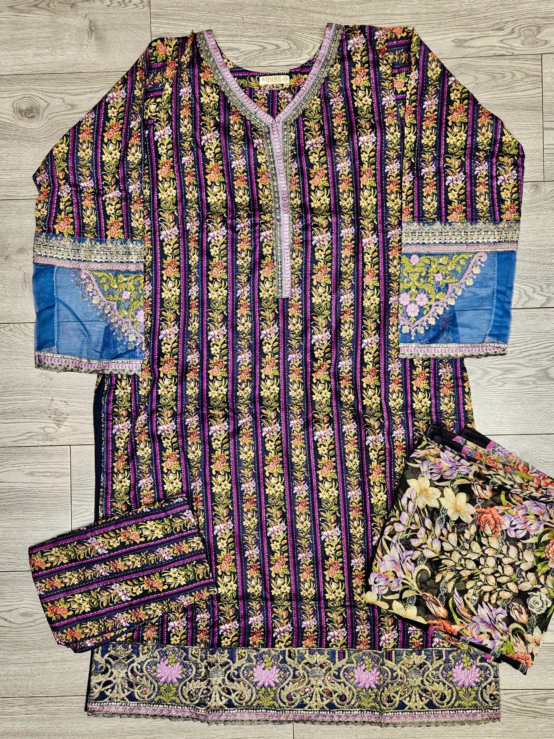 Sangria purple and denim blue floral print linen fabric shalwar kameez