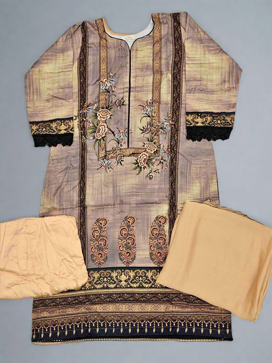 Nude brown and beige linen fabric shalwar kameez winter collection with matching bottoms and chiffon dupatta - Sizes L to 8XL - Womenswear traditional plus size comfort clothing
