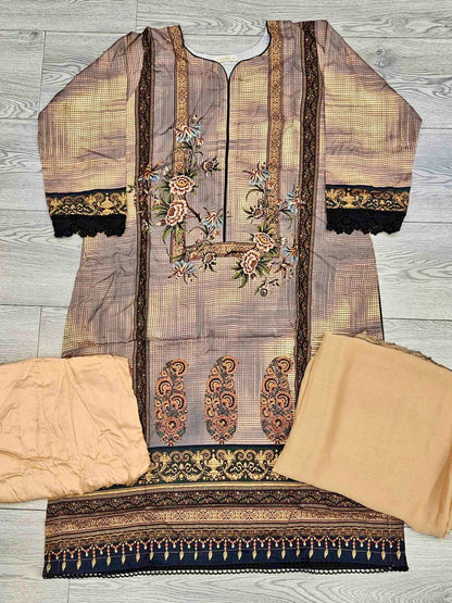 Nude brown and beige linen fabric shalwar kameez winter collection with matching bottoms and chiffon dupatta - Sizes L to 8XL - Womenswear traditional plus size comfort clothing