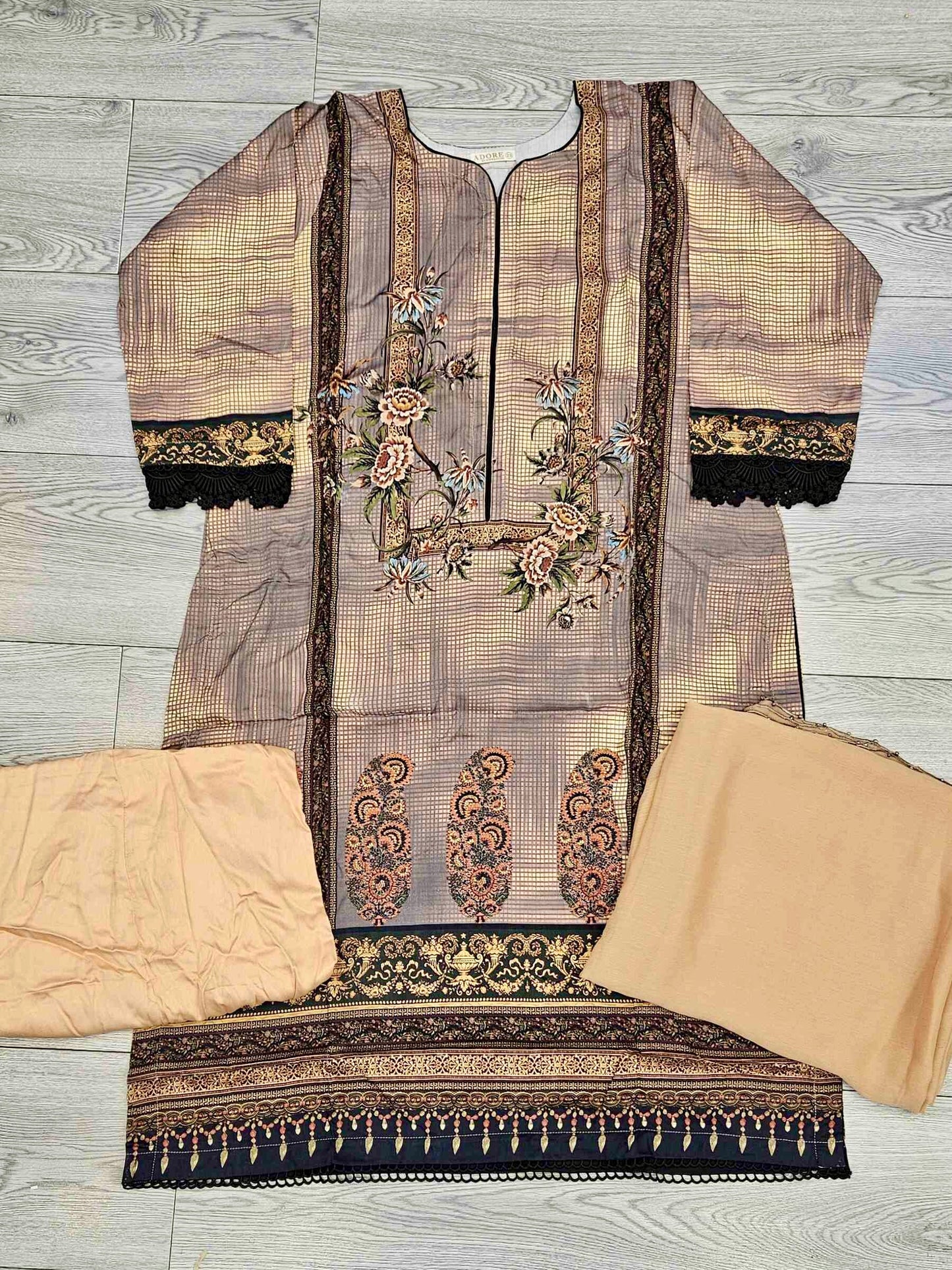Nude brown and beige linen fabric shalwar kameez winter collection with matching bottoms and chiffon dupatta - Sizes L to 8XL - Womenswear traditional plus size comfort clothing