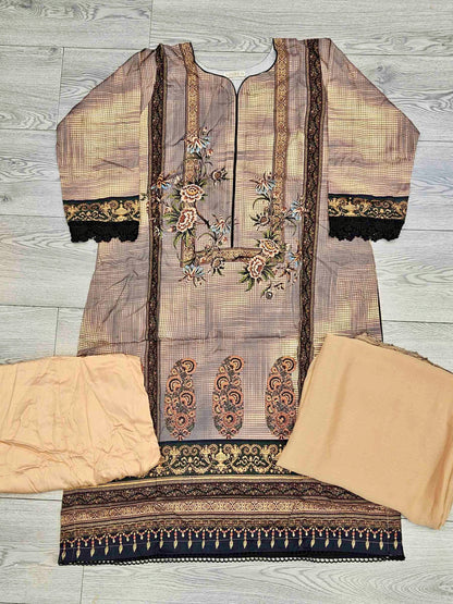 Nude brown and beige linen fabric shalwar kameez winter collection with matching bottoms and chiffon dupatta - Sizes L to 8XL - Womenswear traditional plus size comfort clothing