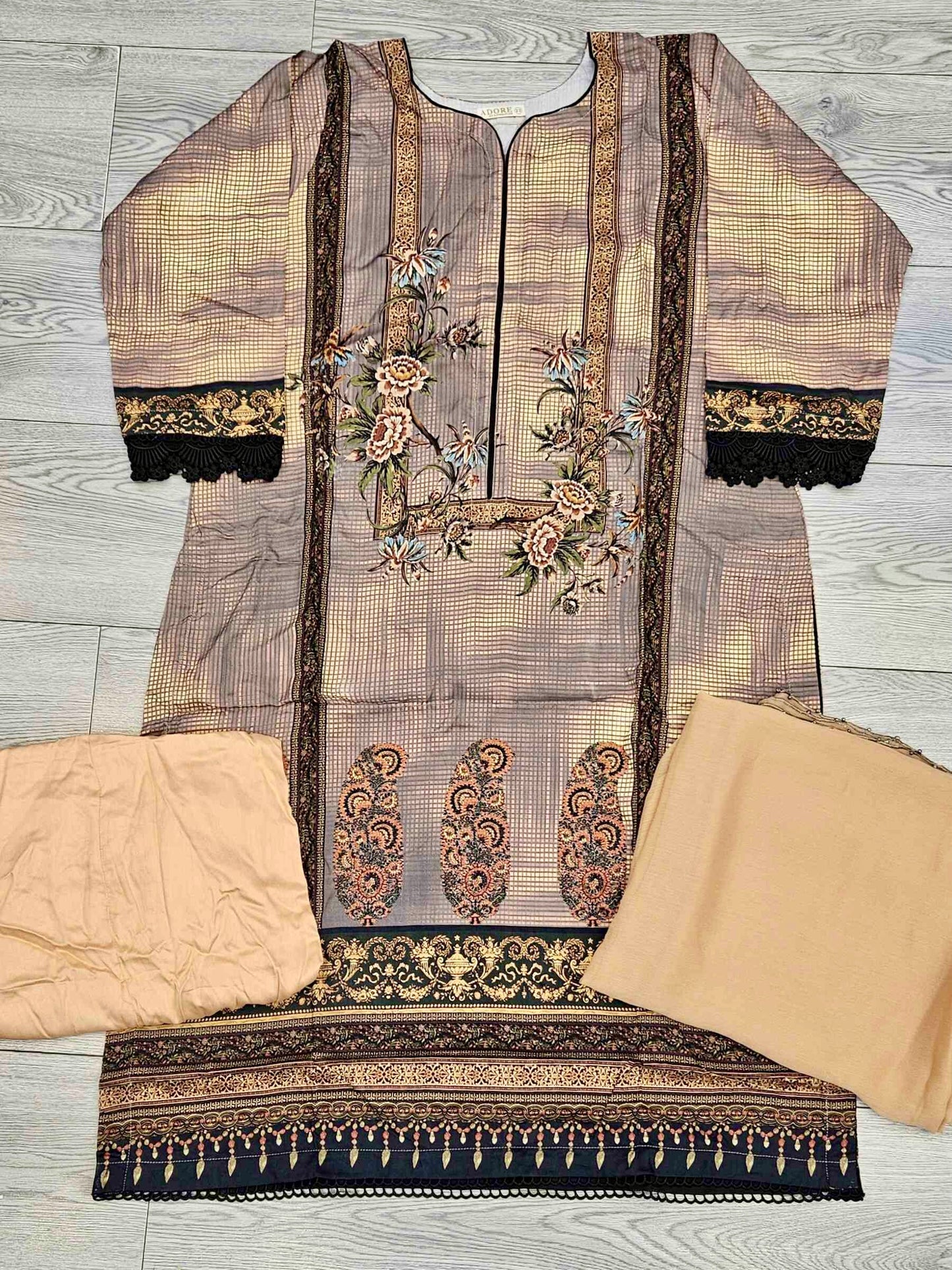 Nude brown and beige linen fabric shalwar kameez winter collection with matching bottoms and chiffon dupatta - Sizes L to 8XL - Womenswear traditional plus size comfort clothing