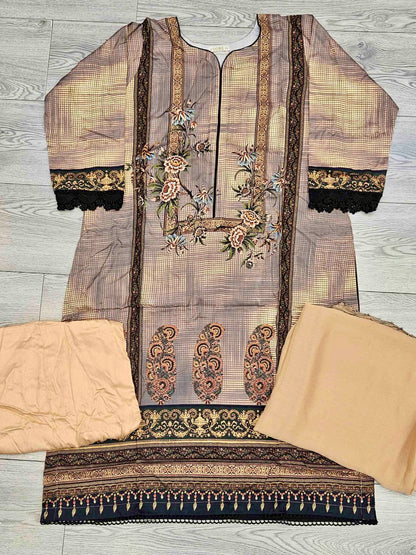 Nude brown and beige linen fabric shalwar kameez winter collection with matching bottoms and chiffon dupatta - Sizes L to 8XL - Womenswear traditional plus size comfort clothing