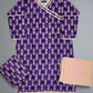 Cadbury purple and peach floral print