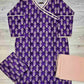 Cadbury purple and peach floral print