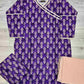 Cadbury purple and peach floral print
