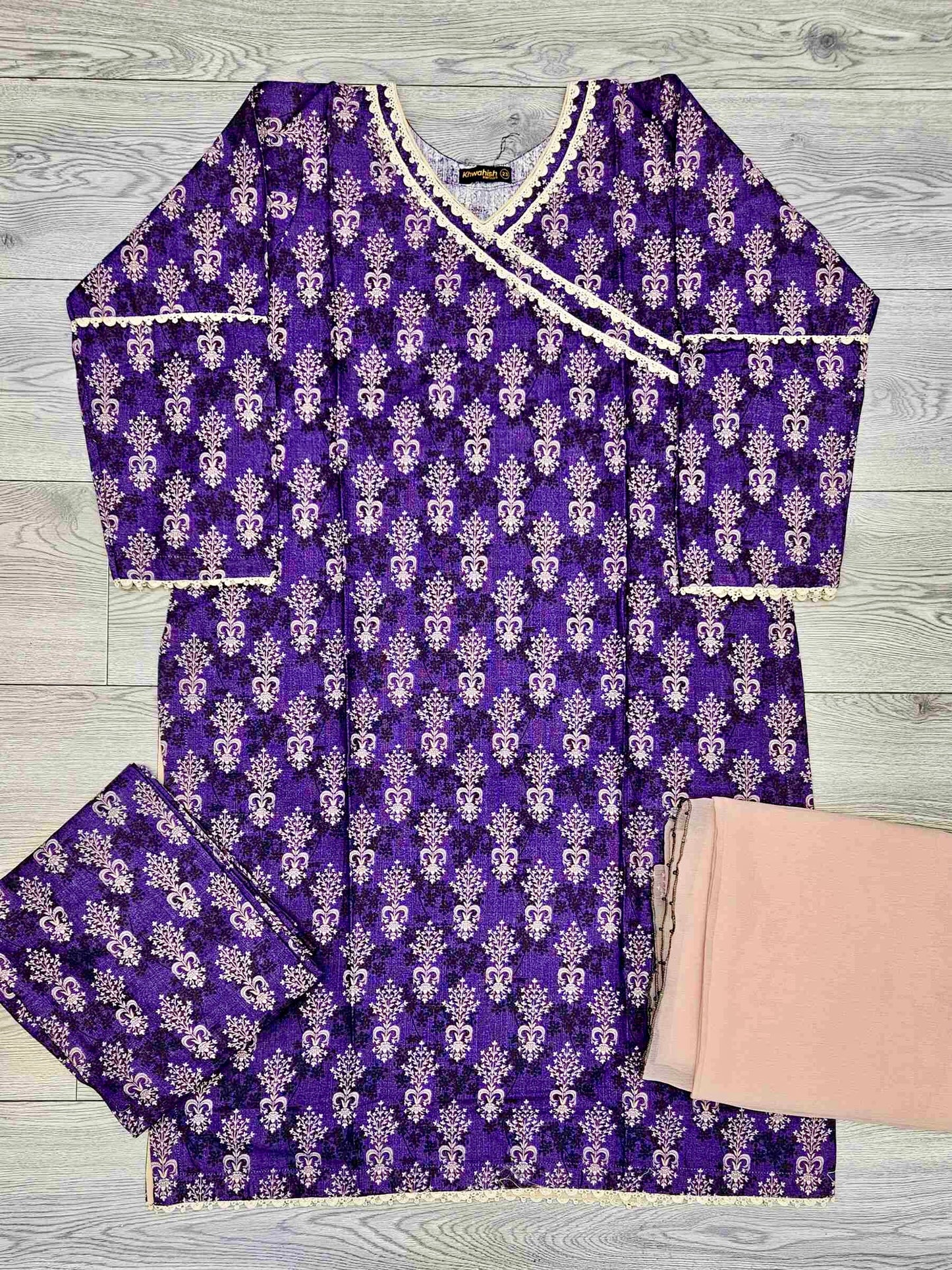 Cadbury purple and peach floral print excellent quality soft khaddar fabric shalwar kameez - Sizes M to 8XL - Womenswear traditional plus size comfort clothing winter gorgeous fit