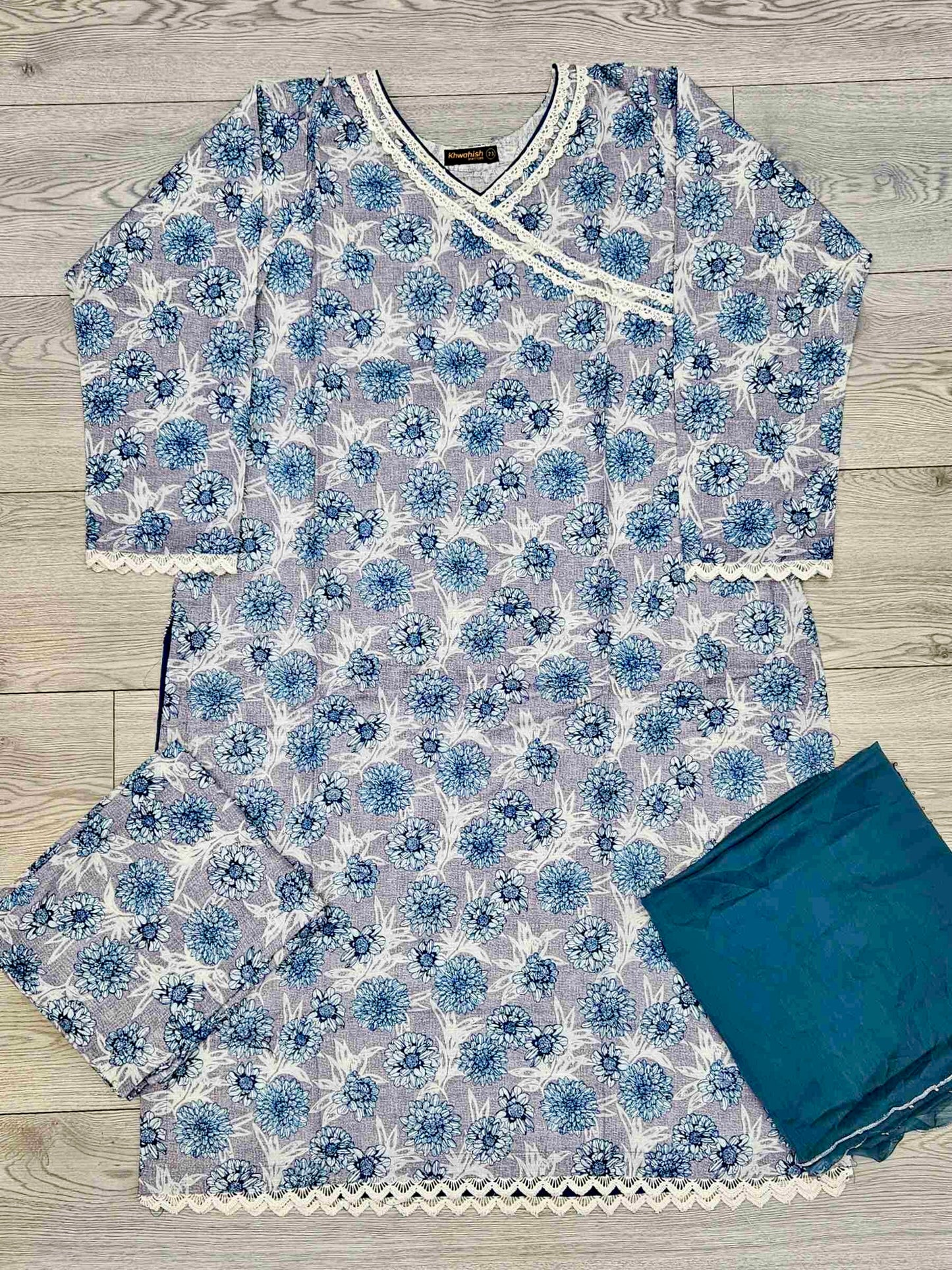Electric blue floral print angrakha neck