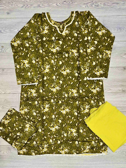Dark Olive green and yellow floral print excellent quality soft khaddar fabric shalwar kameez - Sizes M to 8XL - Womenswear traditional plus size comfort clothing winter gorgeous fit