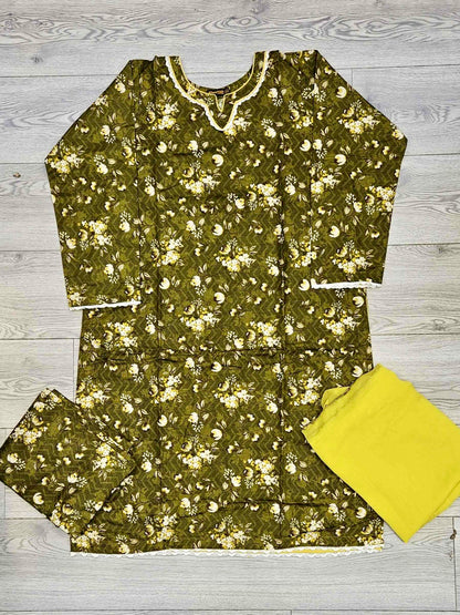 Dark Olive green and yellow floral print excellent quality soft khaddar fabric shalwar kameez - Sizes M to 8XL - Womenswear traditional plus size comfort clothing winter gorgeous fit