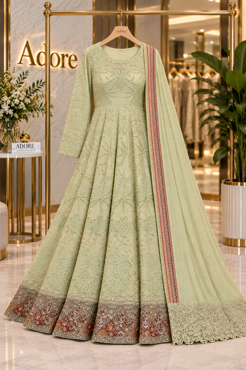 Luxury Heavy Embroidered Chiffon Maxi - Pearl Work - Intricately Embroidered Chiffon Dupatta — Midnight Sapphire, Soft Pistachio and Dusty Antique Rose