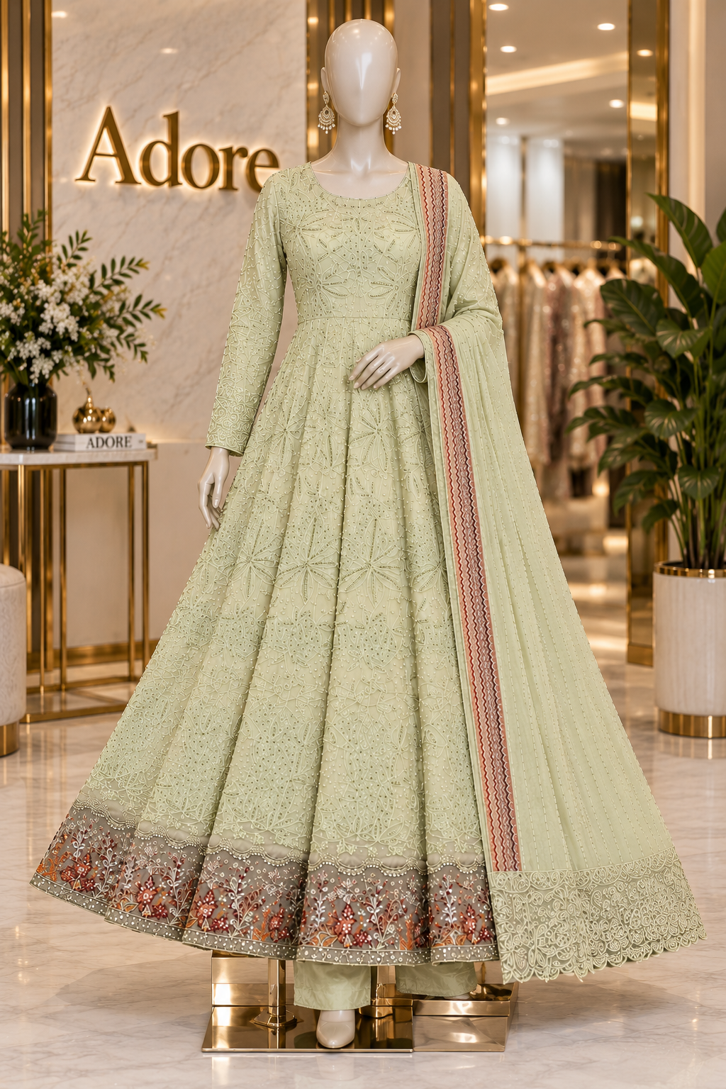 Luxury Heavy Embroidered Chiffon Maxi - Pearl Work - Intricately Embroidered Chiffon Dupatta — Midnight Sapphire, Soft Pistachio and Dusty Antique Rose
