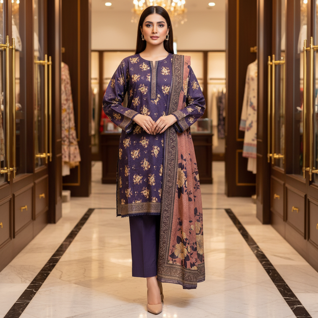 Royal Plum Blossom | Premium Printed Lawn | 3 Piece Suit | Summer Casual Wear