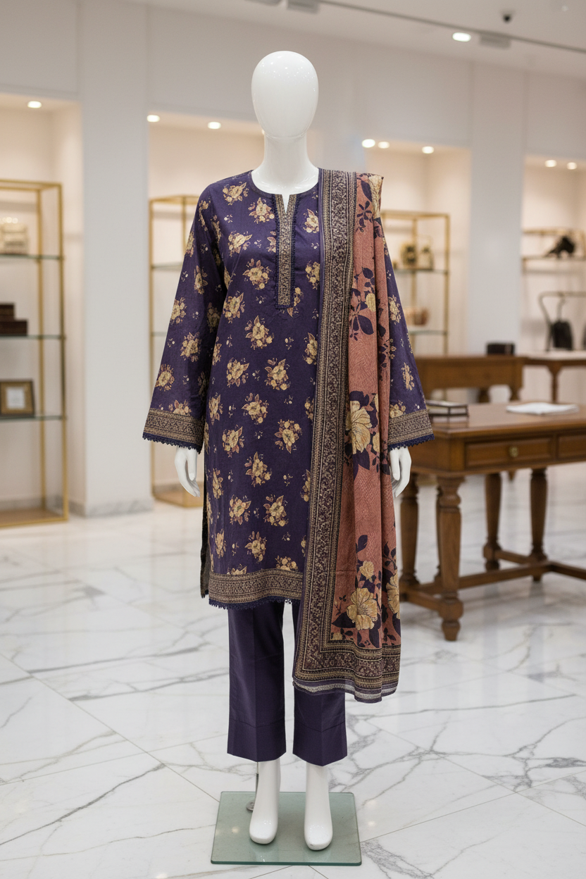 Royal Plum Blossom | Premium Printed Lawn | 3 Piece Suit | Summer Casual Wear