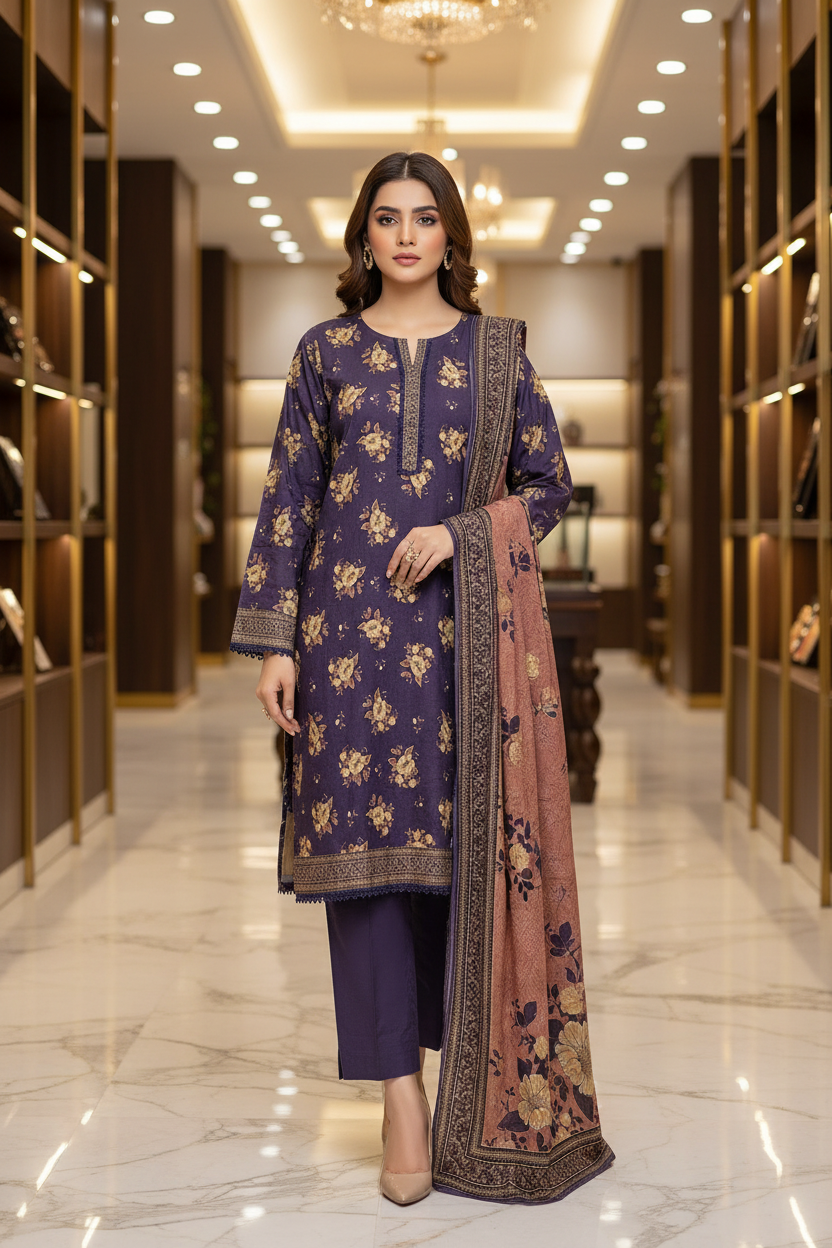 Royal Plum Blossom | Premium Printed Lawn | 3 Piece Suit | Summer Casual Wear