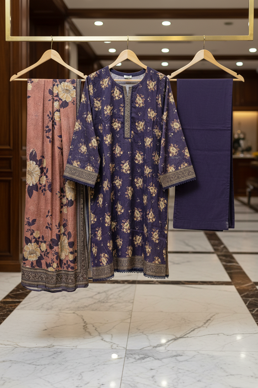 Royal Plum Blossom | Premium Printed Lawn | 3 Piece Suit | Summer Casual Wear