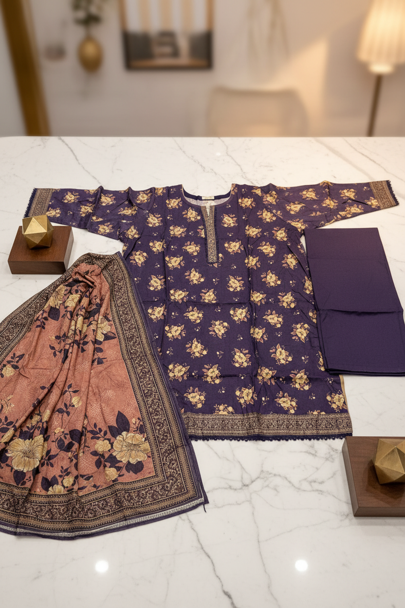Royal Plum Blossom | Premium Printed Lawn | 3 Piece Suit | Summer Casual Wear