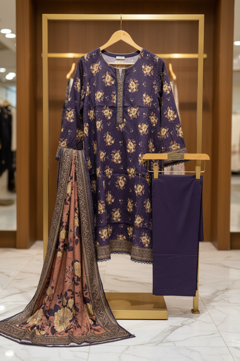 Royal Plum Blossom | Premium Printed Lawn | 3 Piece Suit | Summer Casual Wear