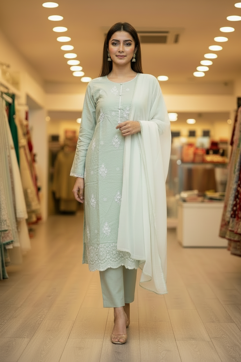 Textured Pastel Collection: Butter Yellow, Mint & Sage Shalwar Kameez | Everyday Eid Wear M to 8XL