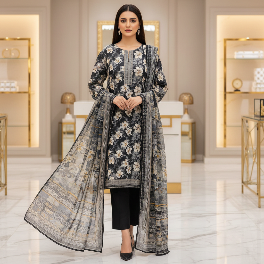 MHK Midnight Blossom | Premium Printed Lawn | Geometric Dupatta | 3 Piece Set