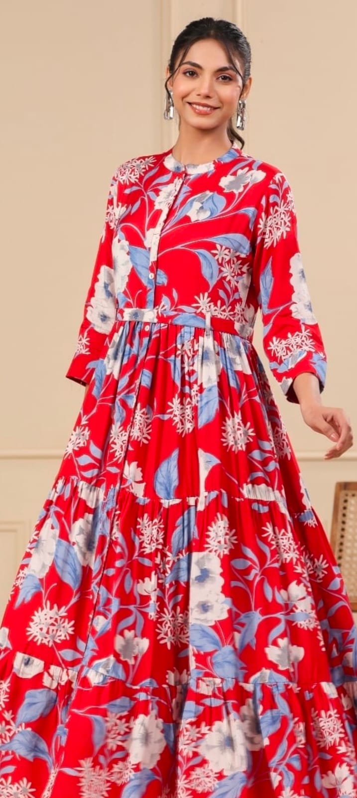 SM Indo western red and blue colour floral print long dress