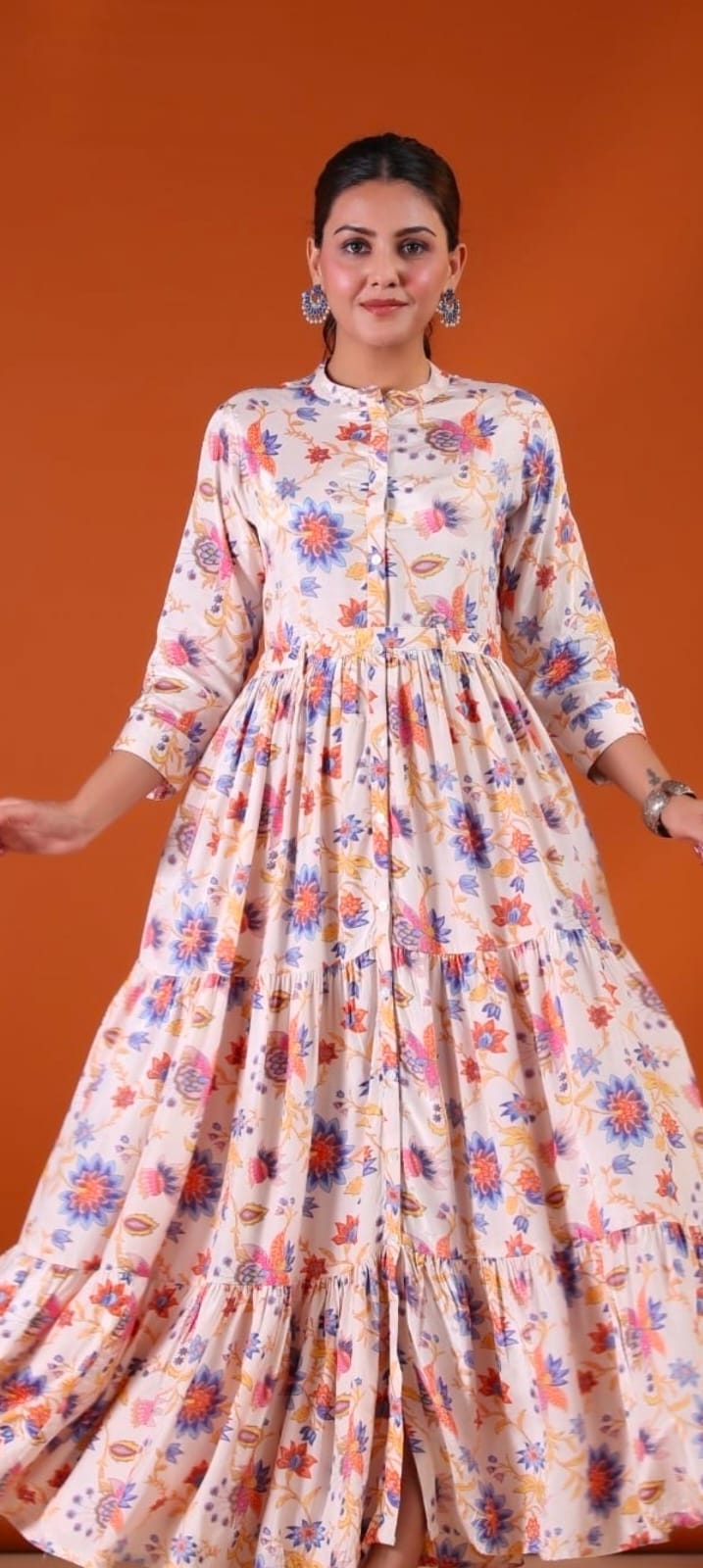 SM Indo western white and blue colour floral print long dress