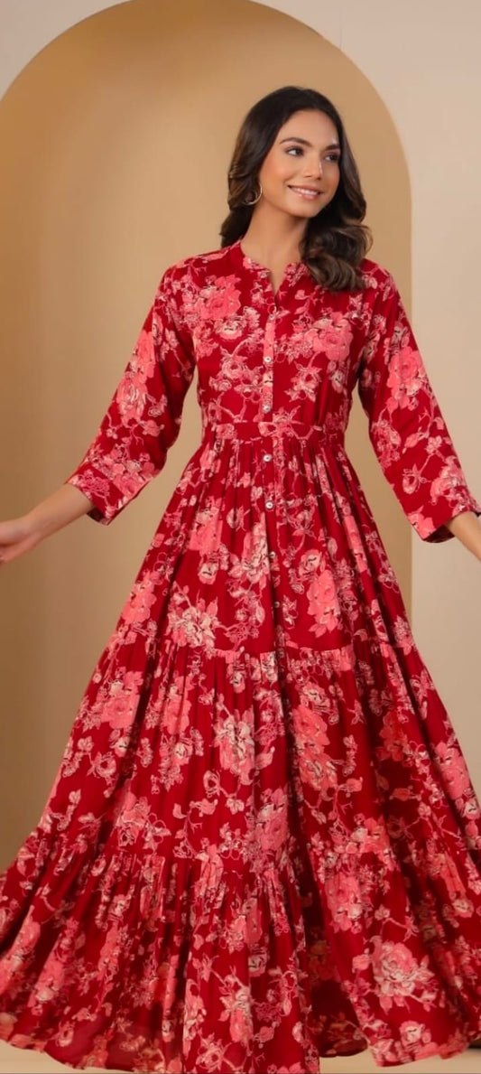 SM Indo western red colour floral print long dress