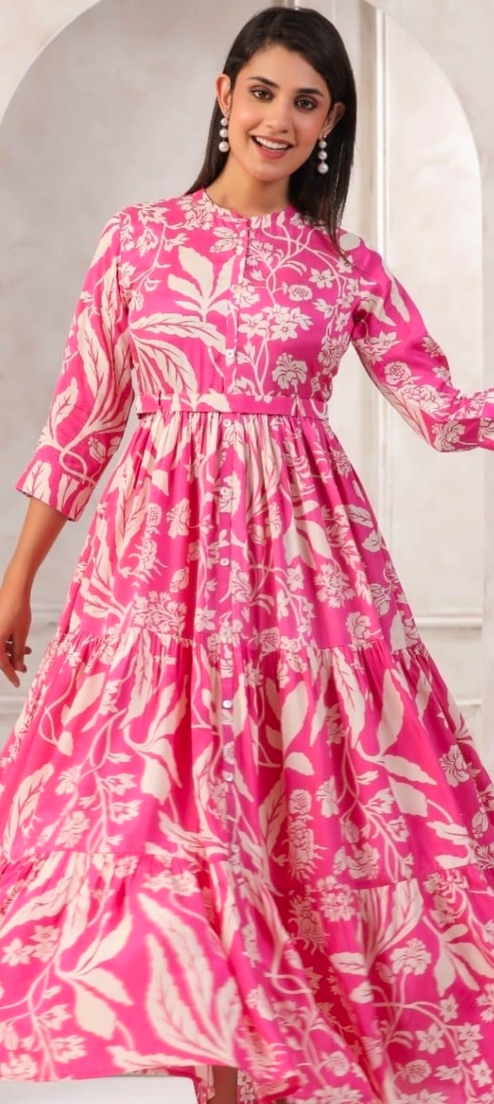 SM Indo western pink and white colour floral print long dress