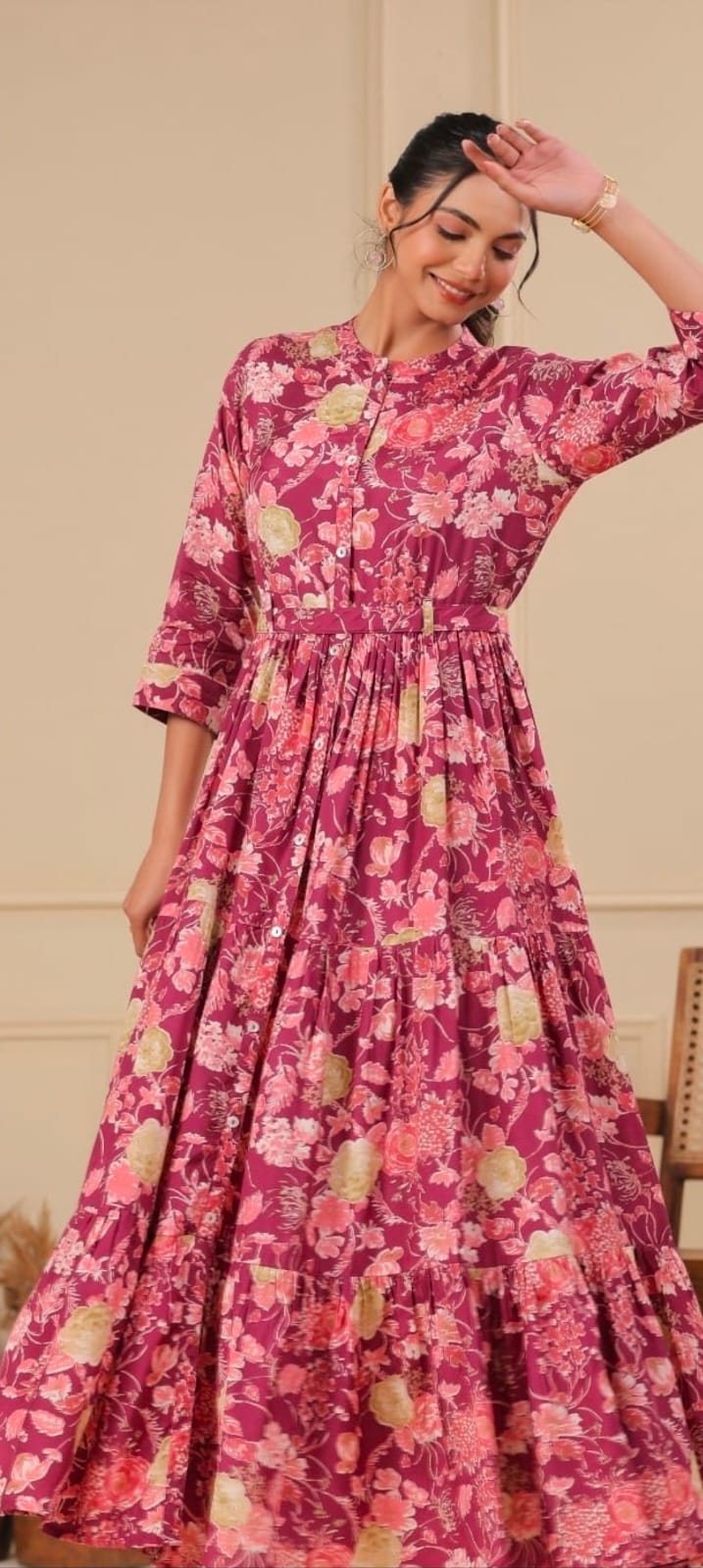 SM Indo western dark pink colour floral print long dress