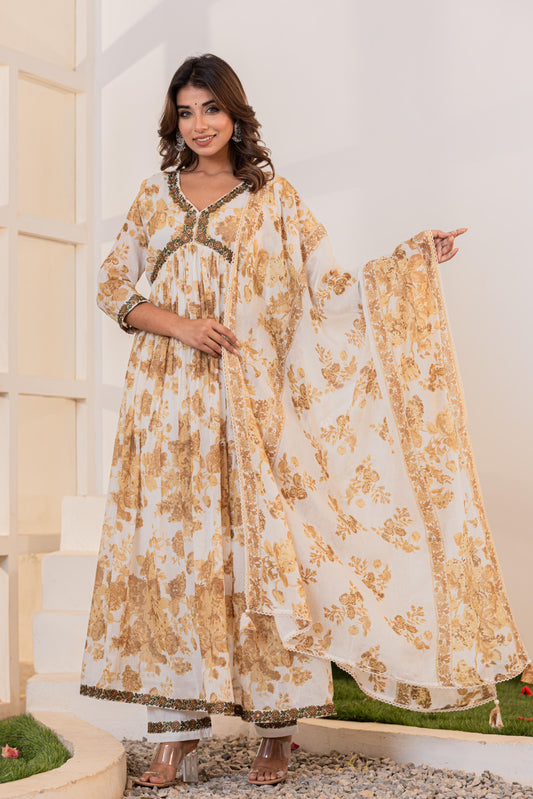 SM Alia cut white and gold colour floral print cotton dress with embroidery on neck with dupatta and capri trousers in sizes [S to XL] womenswear traditional dress