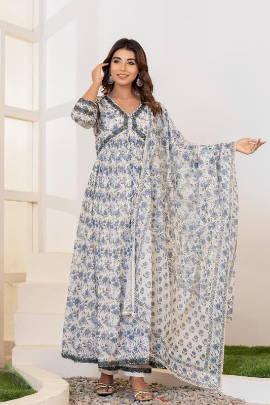 SM Alia cut white and navy blue colour floral print cotton dress with embroidery on neck with dupatta and capri trousers in sizes [S to XL] womenswear traditional dress