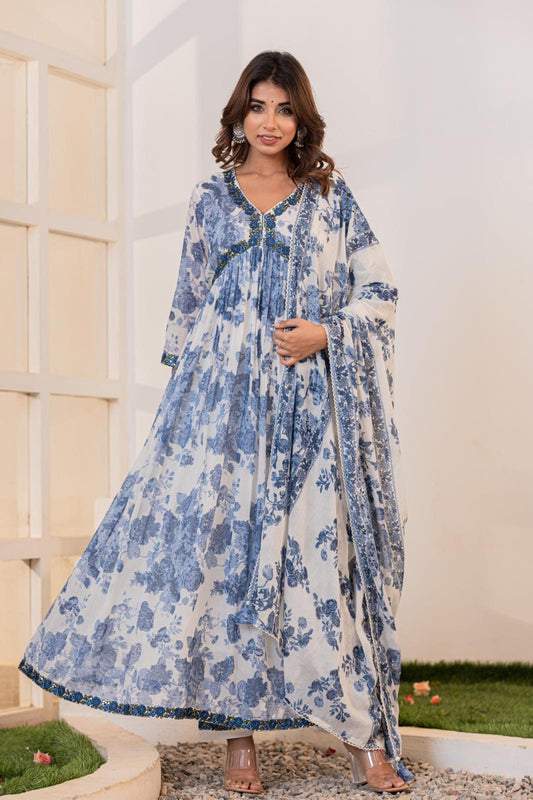 SM Alia cut white and blue colour floral print cotton dress with embroidery on neck with dupatta and capri trousers in sizes [S to XL] womenswear traditional dress