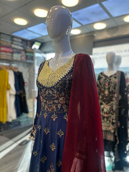Navy blue with antique gold and red colour all over thread and zari embroidery dress in linen fabric with dupatta trousers in sizes (M to 7XL)-womenswear traditional plus size comfort dress