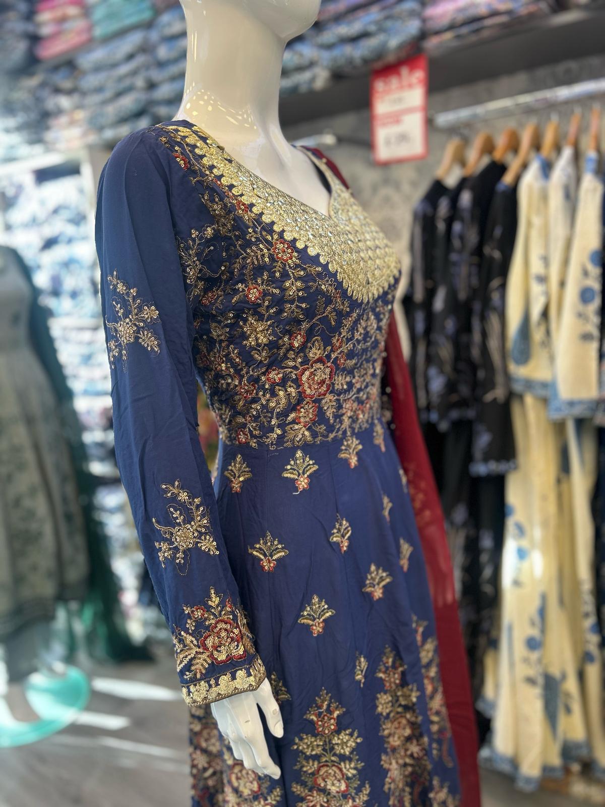 Navy blue with antique gold and red colour all over thread and zari embroidery dress in linen fabric with dupatta trousers in sizes (M to 7XL)-womenswear traditional plus size comfort dress