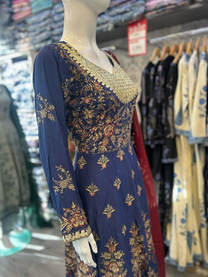 Navy blue with antique gold and red colour all over thread and zari embroidery dress in linen fabric with dupatta trousers in sizes (M to 7XL)-womenswear traditional plus size comfort dress