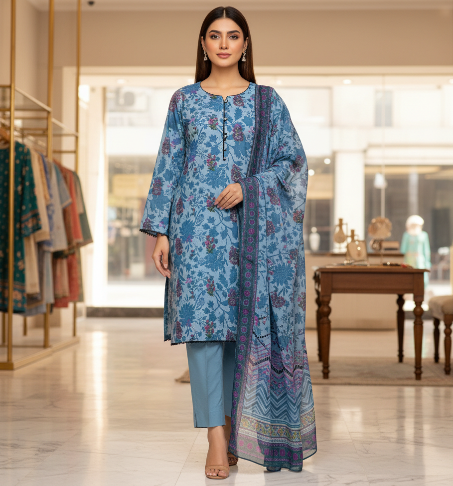 Azure Botanical | Premium Printed Lawn | 3 Piece Suit | Summer Casual Wear