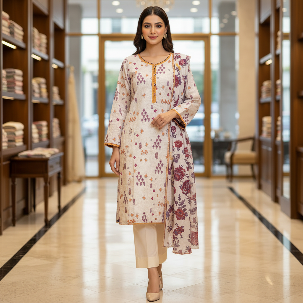 Ivory Meadow Bloom | Premium Printed Lawn | 3 Piece Suit | Summer Casual Wear