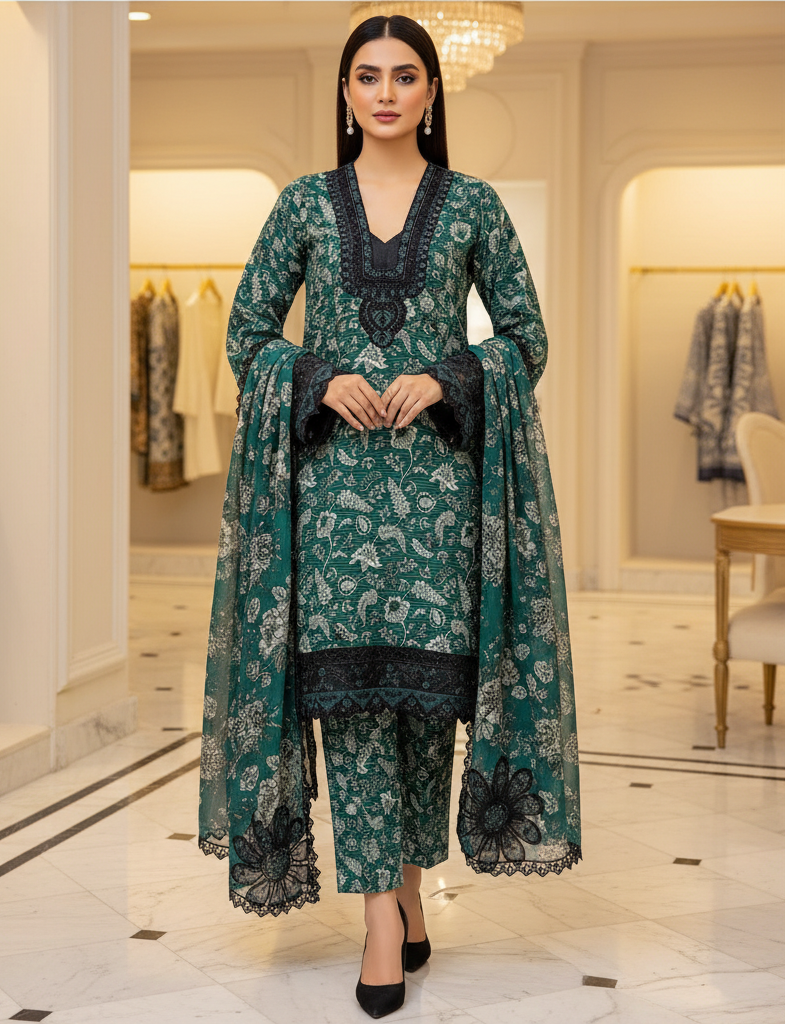 Emerald Green Premium Printed Lawn Suit | Embroidered Neck | 3D Floral Appliqué | Designer Dupatta