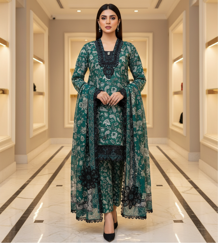 Emerald Green Premium Printed Lawn Suit | Embroidered Neck | 3D Floral Appliqué | Designer Dupatta